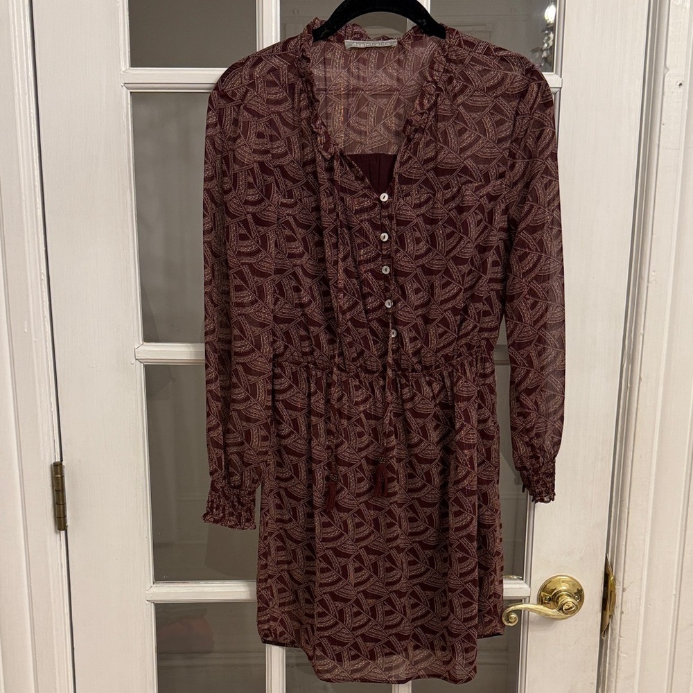 ANTHROPOLOGIE DANIEL RAINN Women's Burgundy Boho Print Long Sleeve Mini Dress